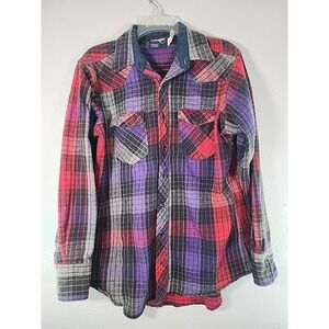 Vintage‎ Wrangler Plaid Flannel Pearl Snap Shirt X Long Tails 100% Cotton